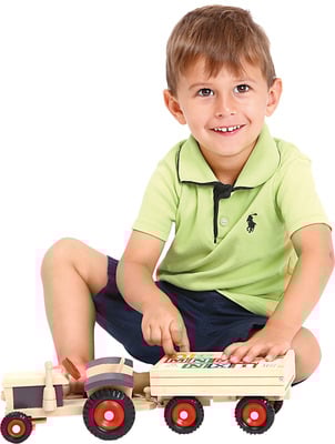 Schöner Holz-Traktor mit Buchstaben-Bausteinen und Anhänger zum Kippen, toller Spielspaß mit Lerneffekt! 