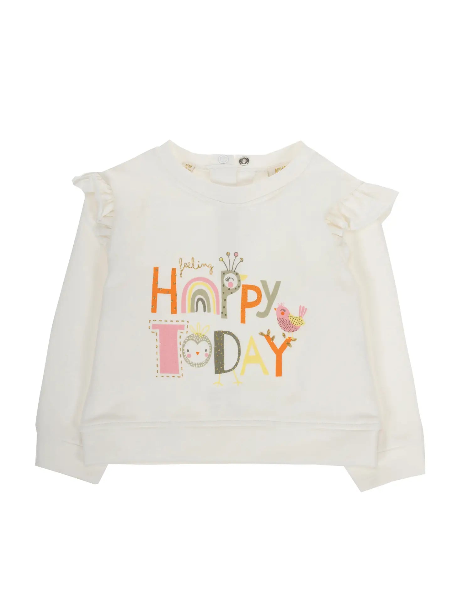 Schöner weißer Pulli für Mädchen mit Rüschen und Schriftzug "feeling happy today"