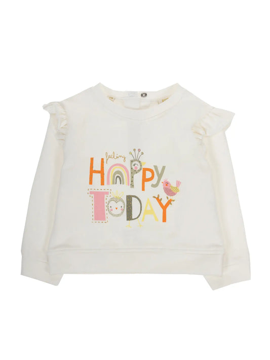 Schöner weißer Pulli für Mädchen mit Rüschen und Schriftzug "feeling happy today"