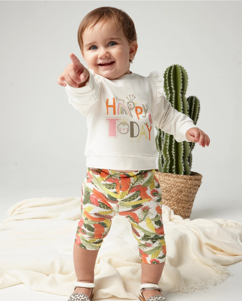 Schöner weißer Pulli für Mädchen mit Rüschen und Schriftzug "feeling happy today"