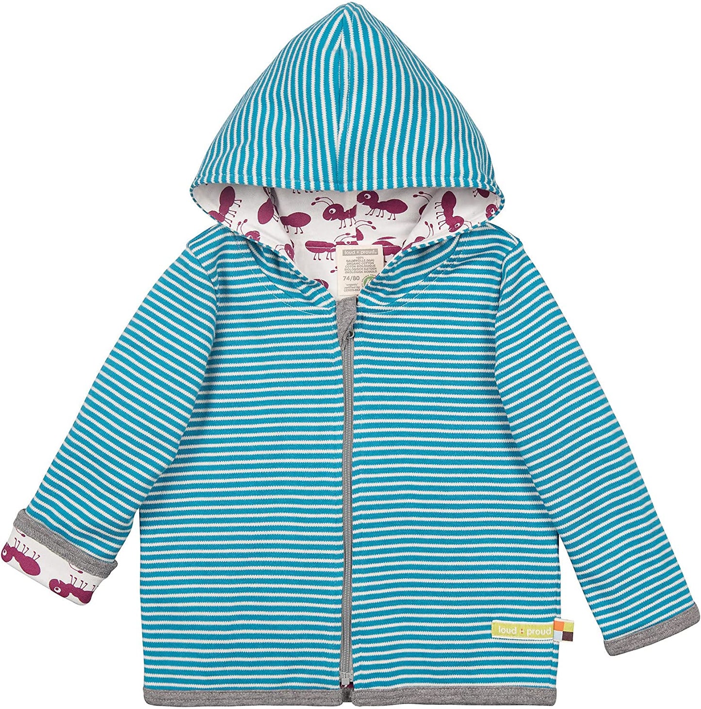 Tolle Wendejacke der deutschen Marke Loud an Proud mit Kapuze. Auf der einen Seite weiß-blau gestreift auf der anderen mit lila Ameisen. Aus GOTS-zertifizierter Bio-Baumwolle