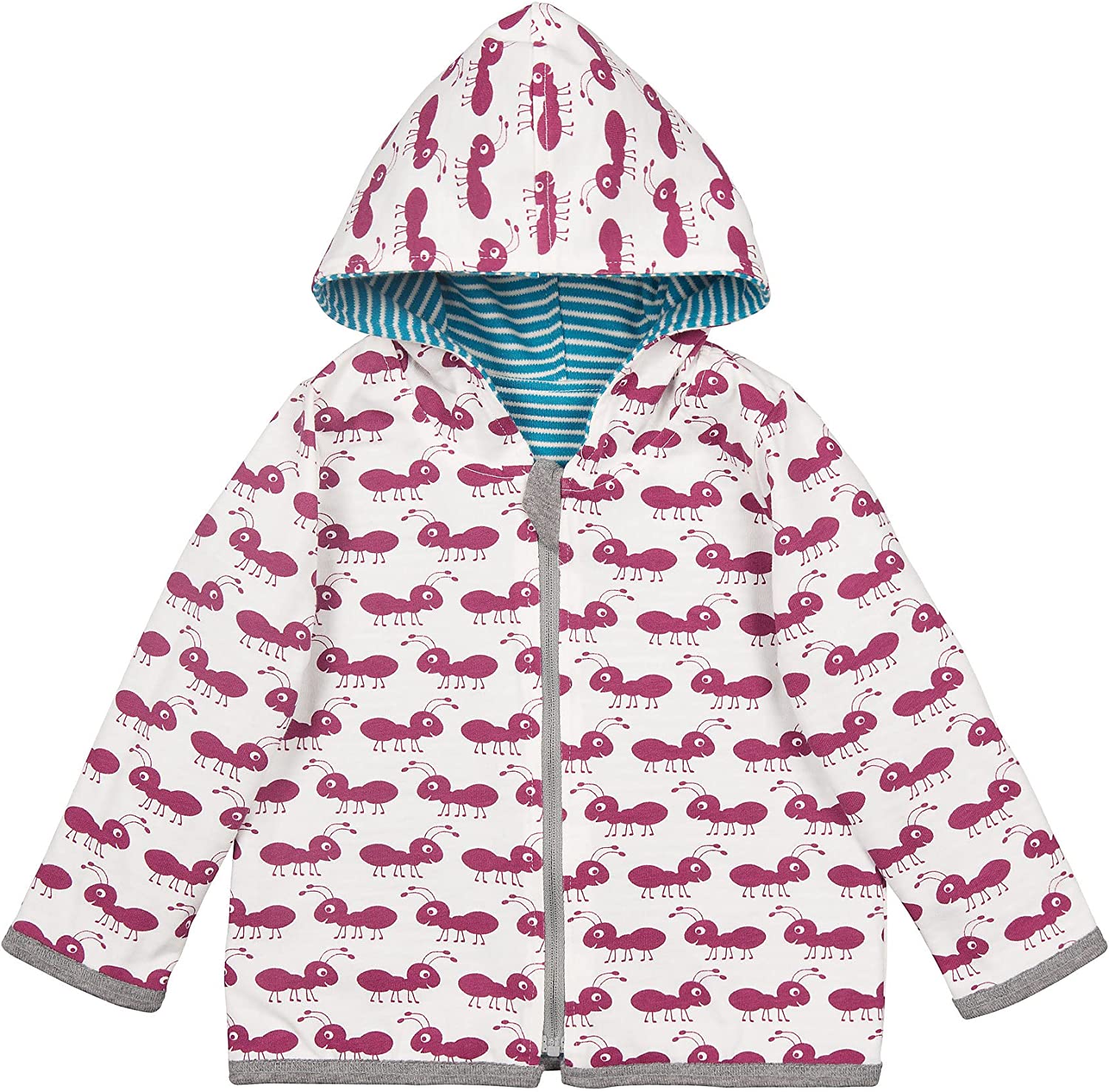 Tolle Wendejacke der deutschen Marke Loud an Proud mit Kapuze. Auf der einen Seite weiß-blau gestreift auf der anderen mit lila Ameisen. Aus GOTS-zertifizierter Bio-Baumwolle