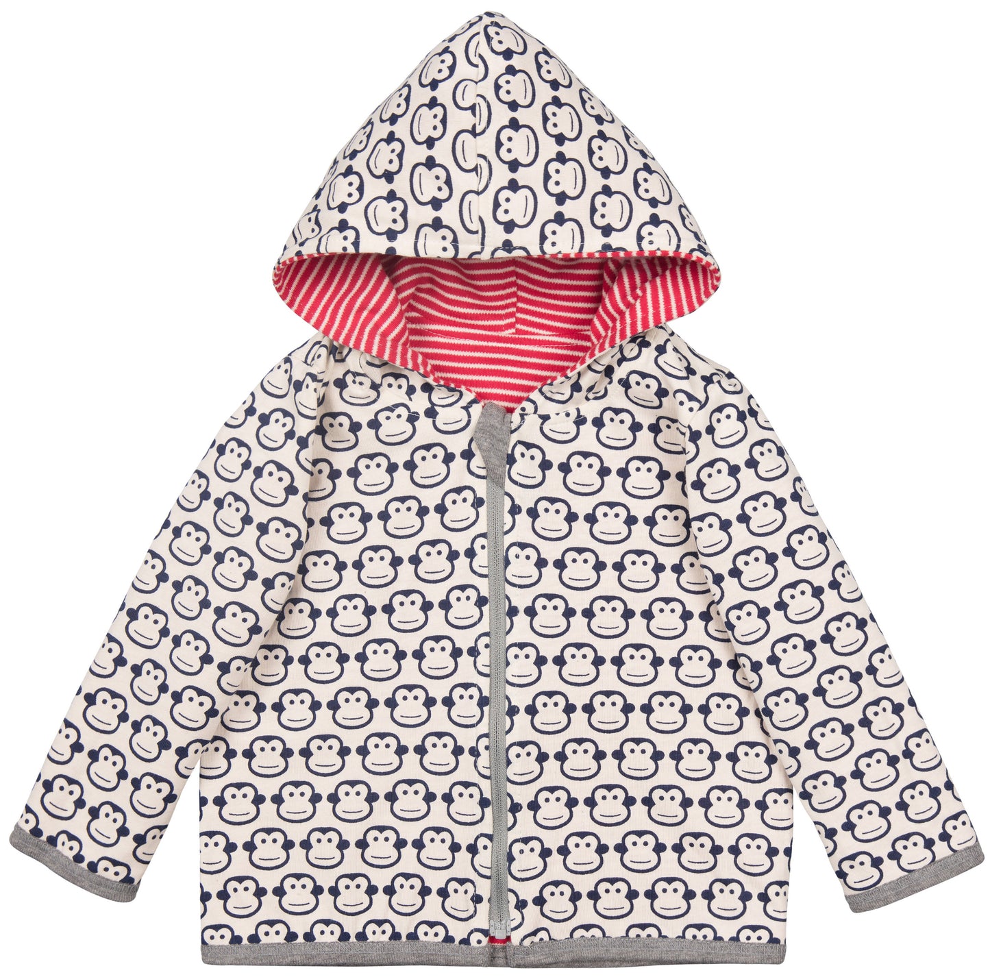 Tolle Wendejacke der deutschen Marke Loud an Proud mit Kapuze. Auf der einen Seite weiß-rot gestreift auf der anderen mit Äffchen. Aus GOTS-zertifizierter Bio-Baumwolle