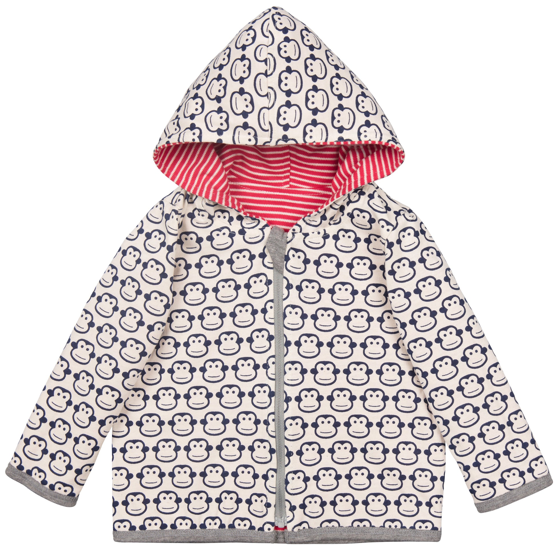 Tolle Wendejacke der deutschen Marke Loud an Proud mit Kapuze. Auf der einen Seite weiß-rot gestreift auf der anderen mit Äffchen. Aus GOTS-zertifizierter Bio-Baumwolle