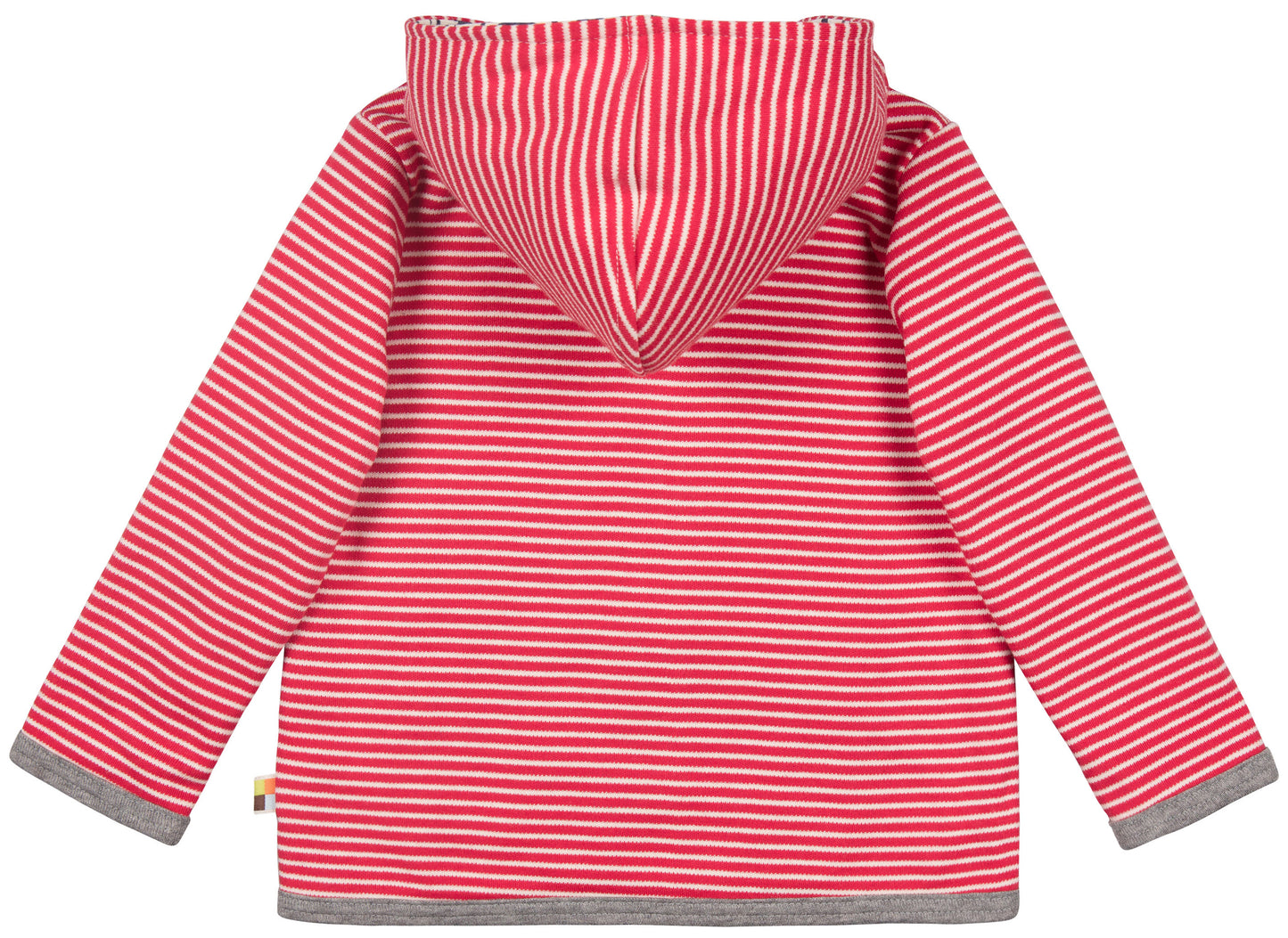Tolle Wendejacke der deutschen Marke Loud an Proud mit Kapuze. Auf der einen Seite weiß-rot gestreift auf der anderen mit Äffchen. Aus GOTS-zertifizierter Bio-Baumwolle
