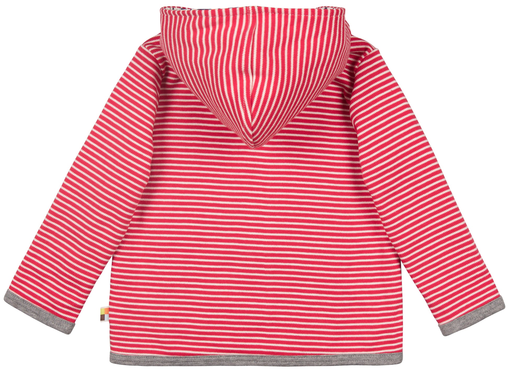 Tolle Wendejacke der deutschen Marke Loud an Proud mit Kapuze. Auf der einen Seite weiß-rot gestreift auf der anderen mit Äffchen. Aus GOTS-zertifizierter Bio-Baumwolle