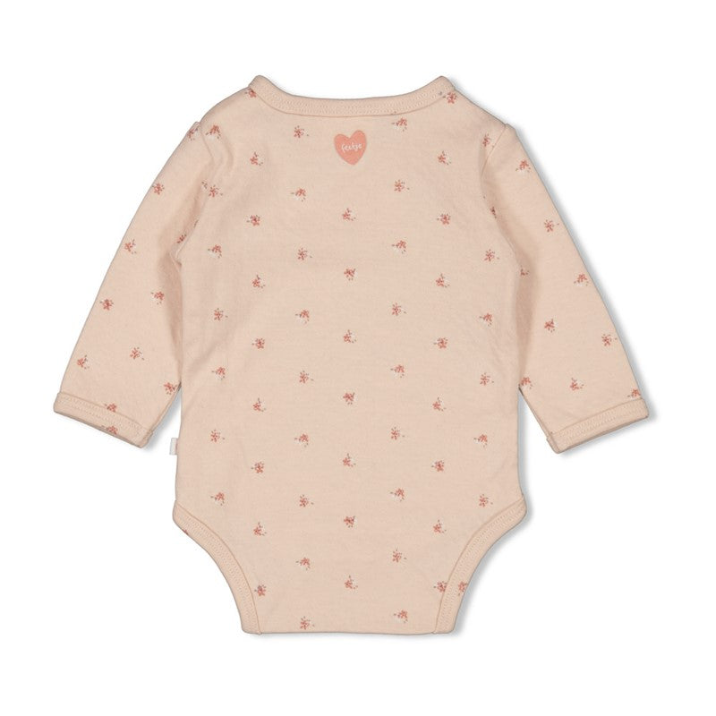 Schöner Wickelbody in hellem rosa mit Blumenmuster aus 100% Bio-Baumwolle 