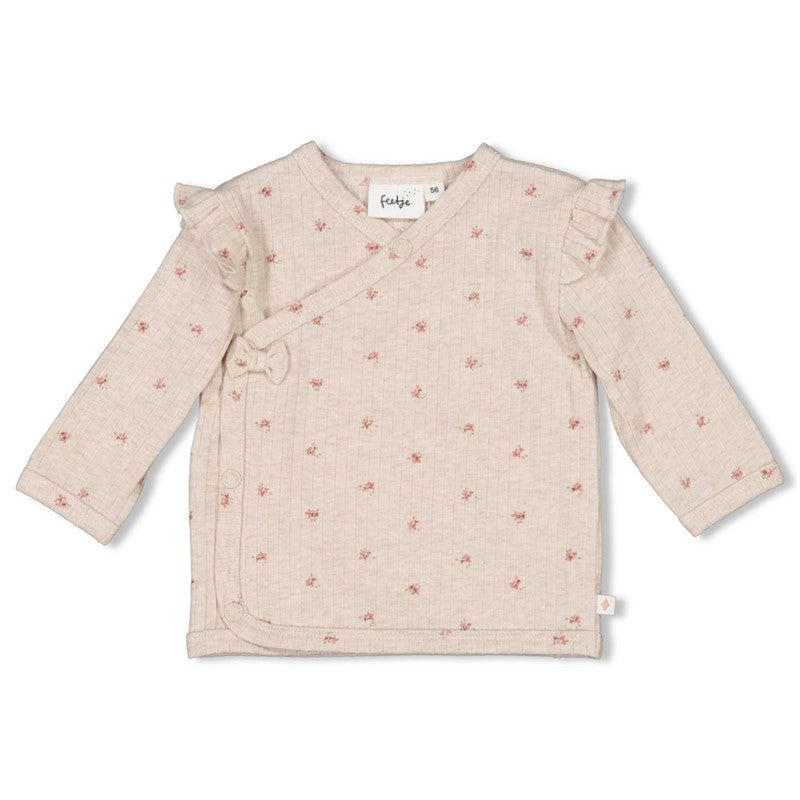 Praktisches Wickelshirt in Taupe Melange mit Blumen All Over Print und Rüschen an den Schultern 