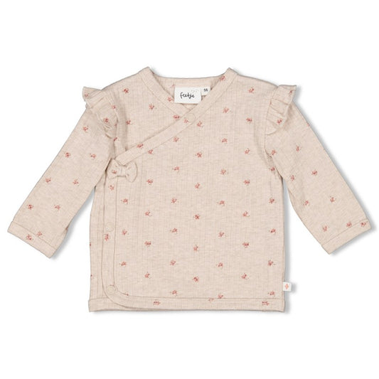 Praktisches Wickelshirt in Taupe Melange mit Blumen All Over Print und Rüschen an den Schultern 