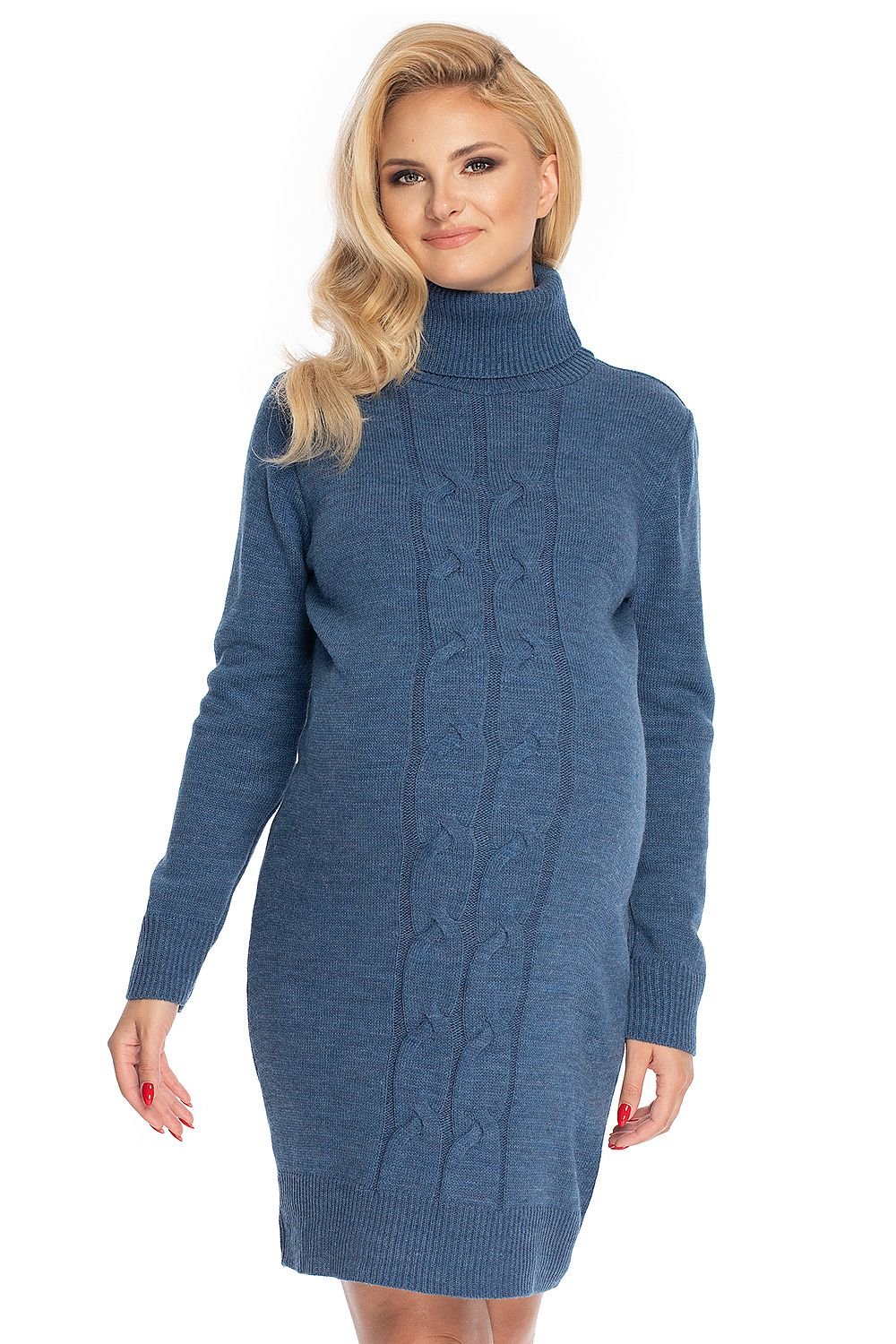 Das schöne blaue Kleid mit Rollkragen sieht elegant und modisch aus