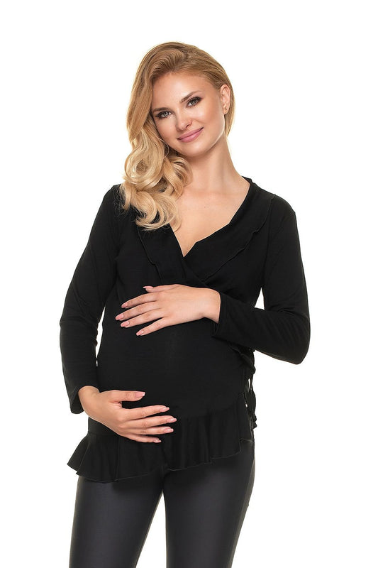 PeeKaBoo - Umstands-Bluse mit Rüschen und seitlicher Schnürung in schwarz