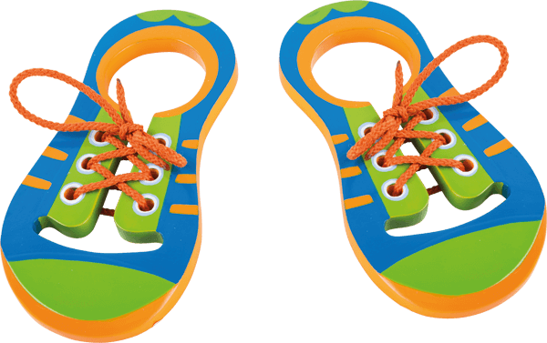 Bunte Fädelschuhe aus Holz zum Schleife lernen