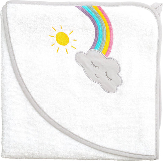 Das kuschelige Kapuzenhandtuch mit dem schönen Regenbogen, der Wolke und der Sonne macht das Abtrocknen nach dem Baden zu einem Vergnügen!