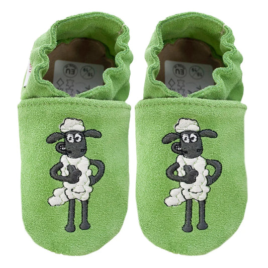 Schöne Krabbelschuhe in grün mit Shaun, aus echtem Rindsleder