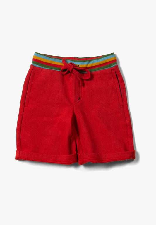 Hochwertige kurze Hose in rot mit buntem Bund und Zugbund aus weicher Bio-Baumwolle 