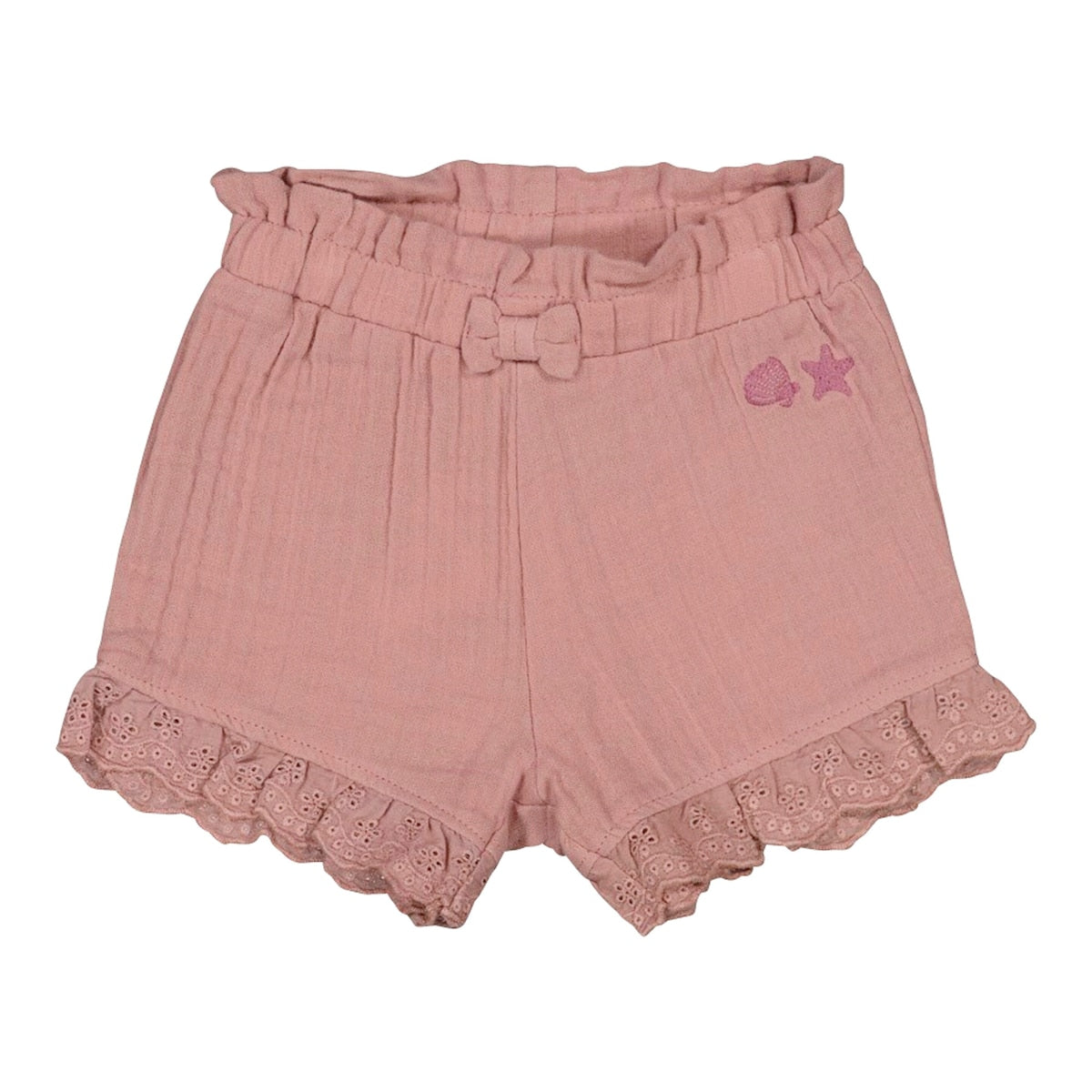 Süße Shorts in altrosa mit Rüschen und Schleife aus Musselin-Stoff 