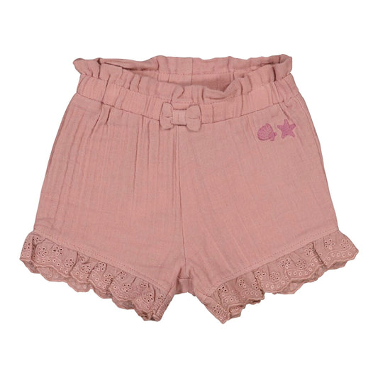 Süße Shorts in altrosa mit Rüschen und Schleife aus Musselin-Stoff 