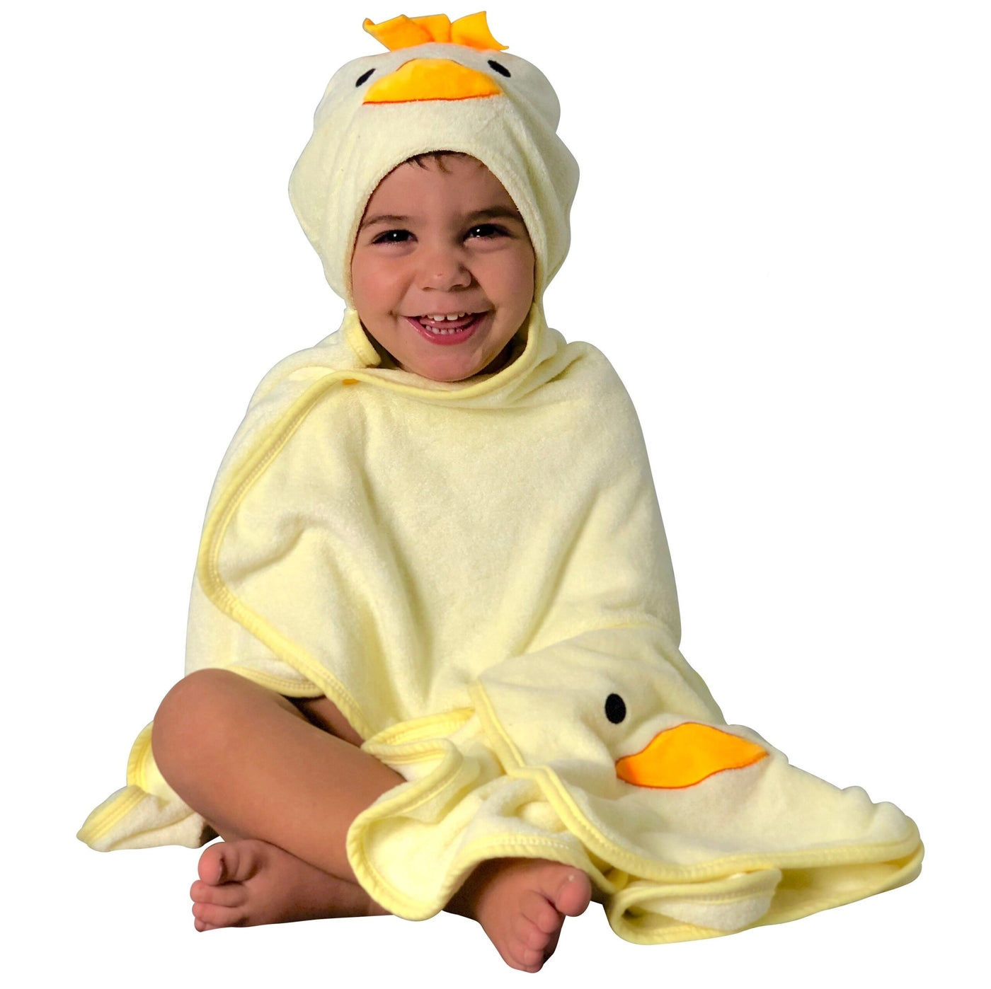 Das schöne gelbe Set aus Kapuzenhandtuch und Waschlappen ist das ideale Geschenk zur Geburt 