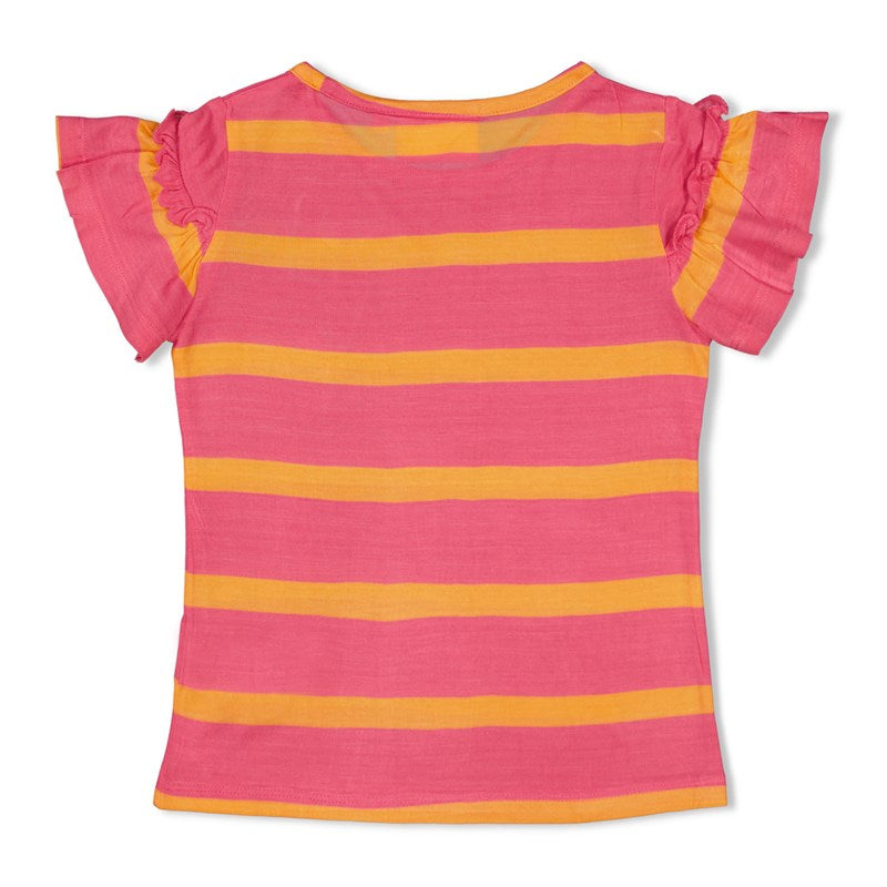 Sehr leichtes T-Shirt mit breiten Ringeln in rosa und orange mit Rüschen 