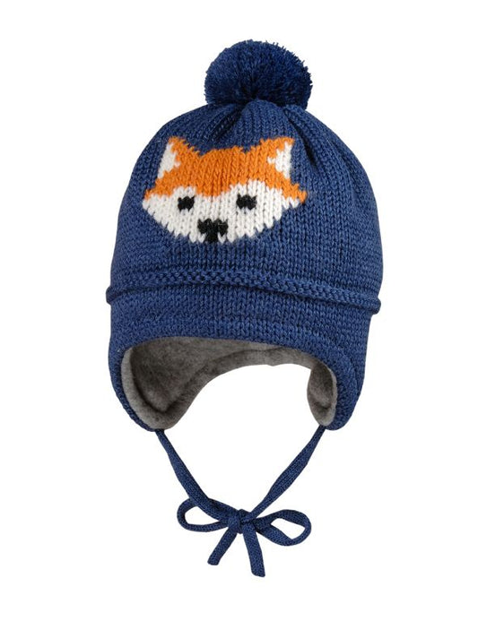 Maximo - Winter-Mütze mit Fuchs, mit Futter, in Indigo meliert, Größe 45