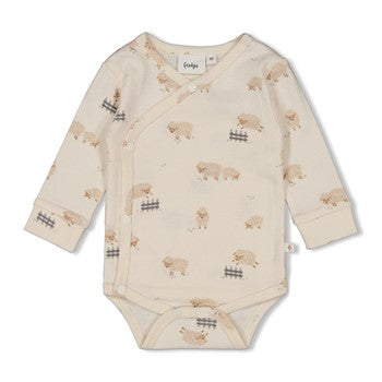 Niedlicher Wickelbody mit All Over Print Schafe in creme