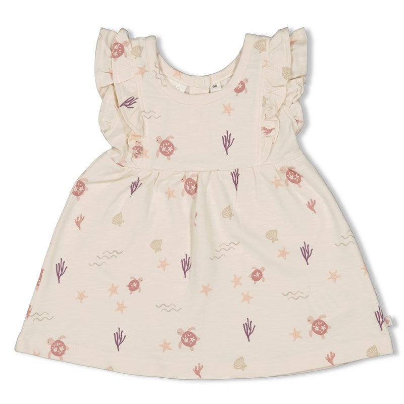 Niedliches Kleid mit All-Over-Print mit Meeresbewohnern und mit Rüschenärmeln in offwhite