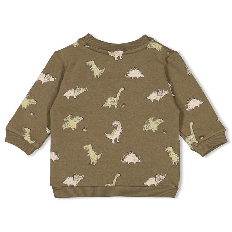 Hochwertiger Sweater in Olivgrün mit Dinosaurier All Over Print aus Bio-Baumwolle 