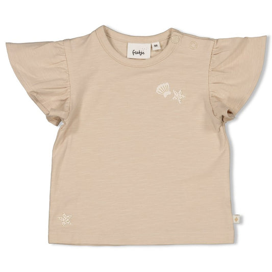 Hochwertiges Mädchen T-Shirt in Sand mit Rüschenärmeln und Seestern- und Muschel-Druck