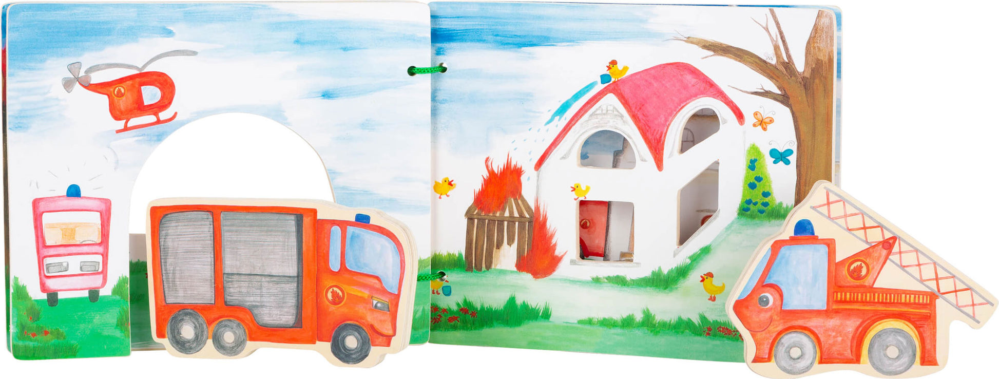 Tolles interaktives Holzbuch mit zwei Feuerwehrautos