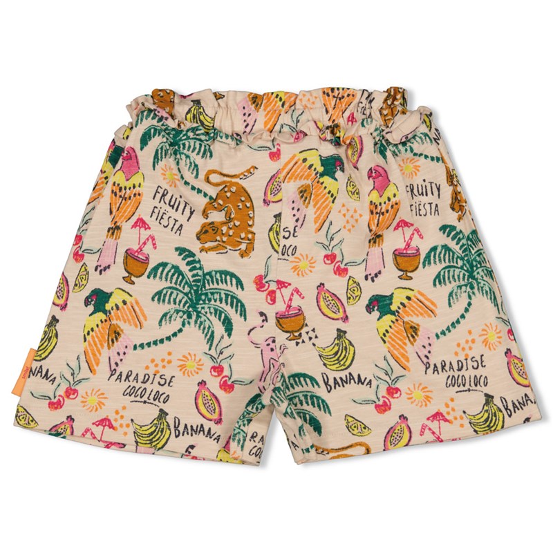 Coole Mädchen Shorts mit All-Over-Print mit Palmen, Affen, Papagei und exotischen Früchten, aus Bio-Baumwolle 