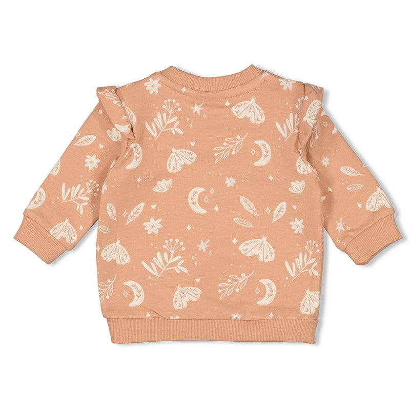 Süßer Sweater in rosa mit Rüschen an den Schuktern und all over print mit Mond und Motten