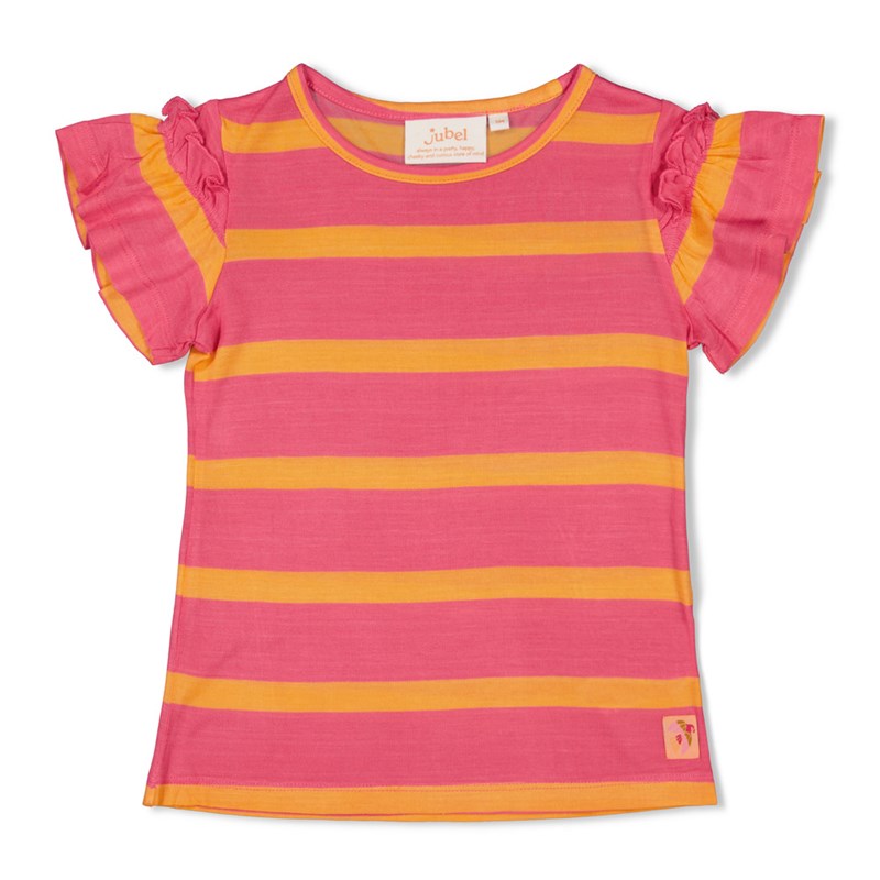Sehr leichtes T-Shirt mit breiten Ringeln in rosa und orange mit Rüschen 