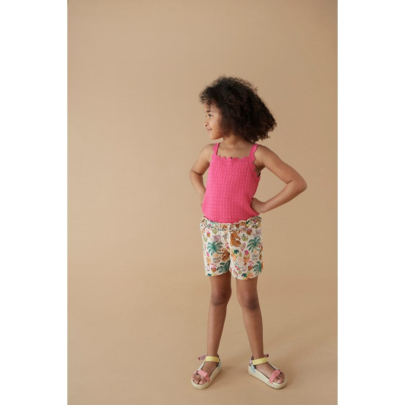 Coole Mädchen Shorts mit All-Over-Print mit Palmen, Affen, Papagei und exotischen Früchten, aus Bio-Baumwolle 