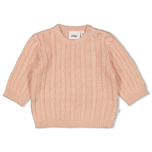 Schöner Strick-Sweater mit Zopfmuster und Knöpfen an der Schulter 