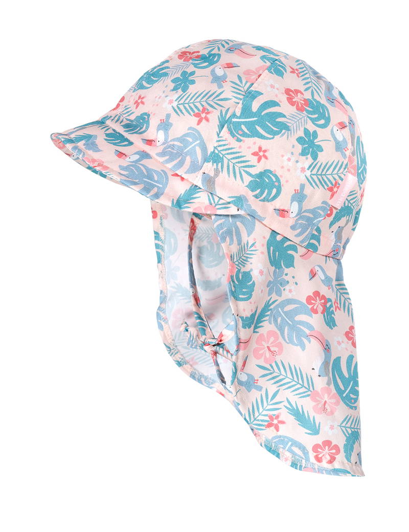 Schöne Sonnenmütze mit Palmblättern und Tucan in türkis und rosa Tönen mit Nackenschutz 