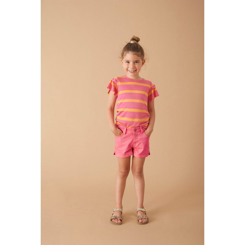 Sehr leichtes T-Shirt mit breiten Ringeln in rosa und orange mit Rüschen 