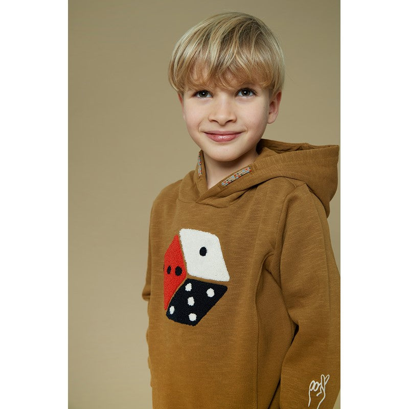 Cooler Kapuzenpullover mit 3D Wurfel und vielen schönen Details in olive, aus Bio-Baumwolle 