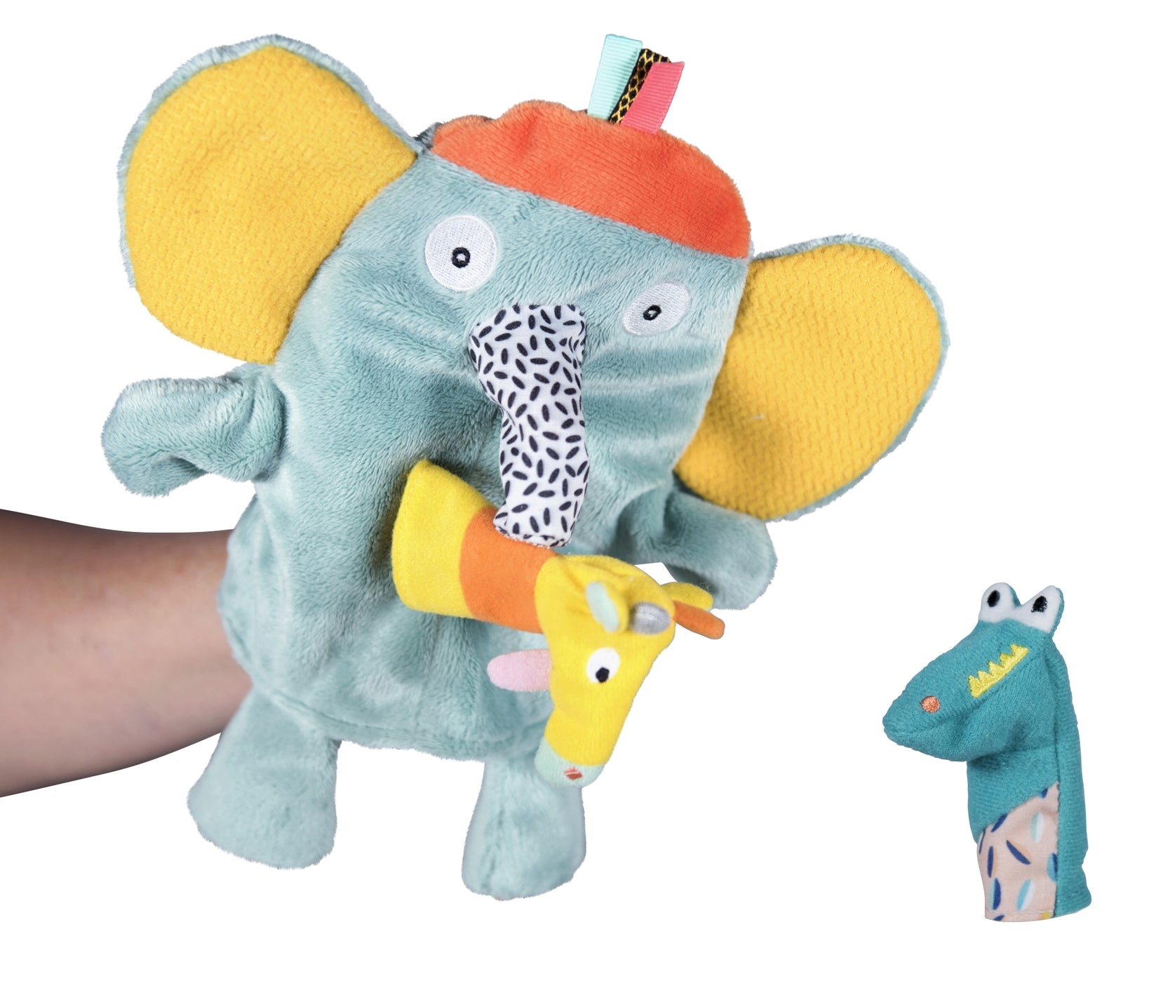 Lustiger, bunter Elefant mit großen Ohren und zwei Fingerpuppen Krokodil und Giraffe - perfekt für phantasievolle Geschichten 