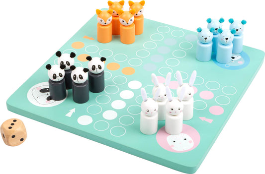 Schönes Mensch ärger dich nicht Spiel aus Holz mit Tierfiguren