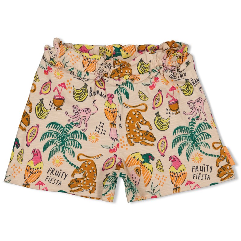 Coole Mädchen Shorts mit All-Over-Print mit Palmen, Affen, Papagei und exotischen Früchten, aus Bio-Baumwolle 