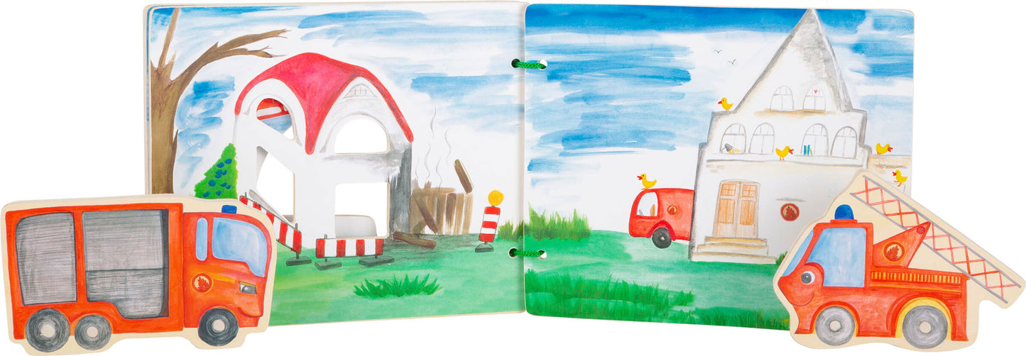 Tolles interaktives Holzbuch mit zwei Feuerwehrautos