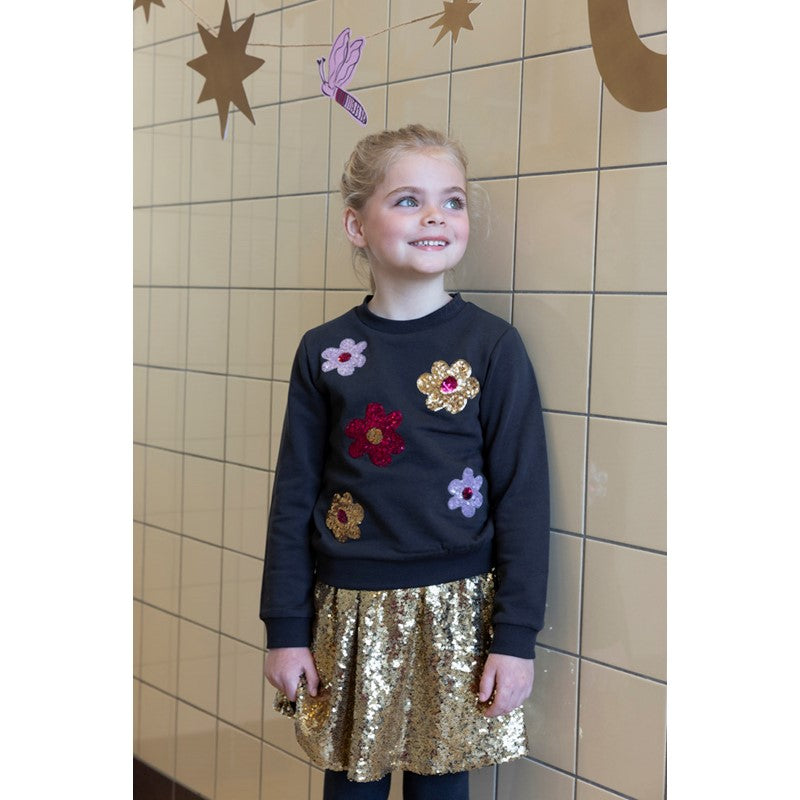 Modischer Sweater aus Bio-Baumwolle in Anthrazit mit glitzernden Pailetten-Blumen