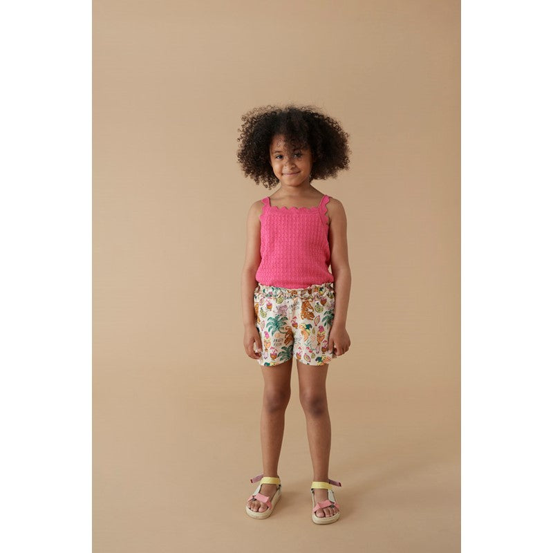 Coole Mädchen Shorts mit All-Over-Print mit Palmen, Affen, Papagei und exotischen Früchten, aus Bio-Baumwolle 