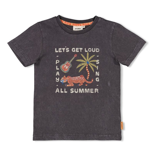 Hochwertiges T-Shirt aus Bio-Baumwolle in Anthrazit mit fröhlichem Aufdruck mit Leopard, Palme und Gitarre 