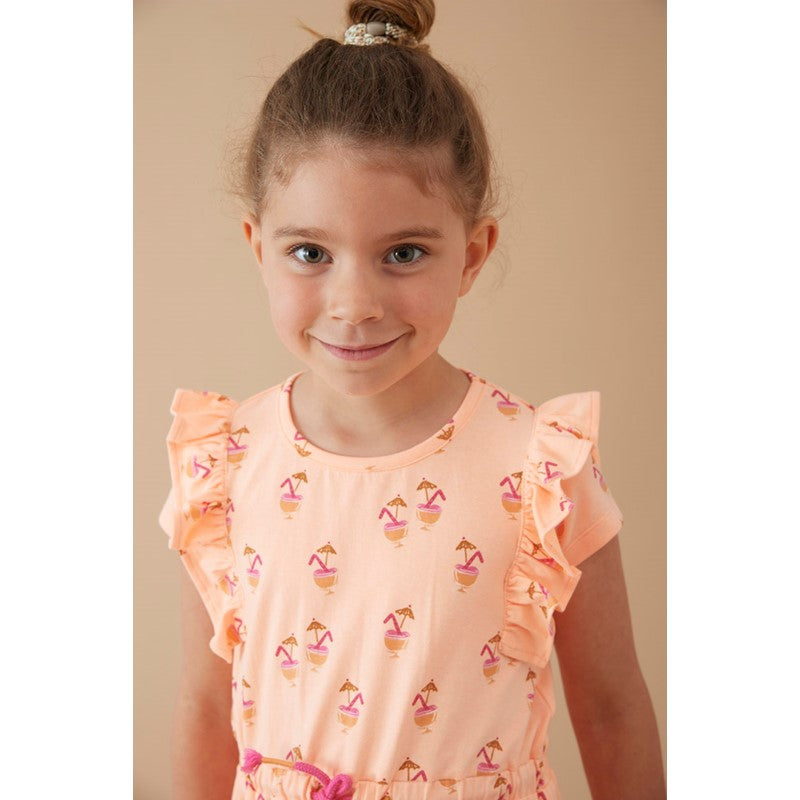 Sommerliches Kleid mit Rüschen und verstellbarem Bund in Neon Orange 