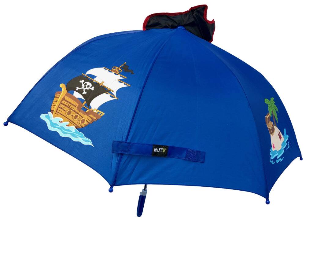 Cooler blauer Regenschirm mit 3D Elementen und mit dem gefährlichen Piraten-Hai darauf 