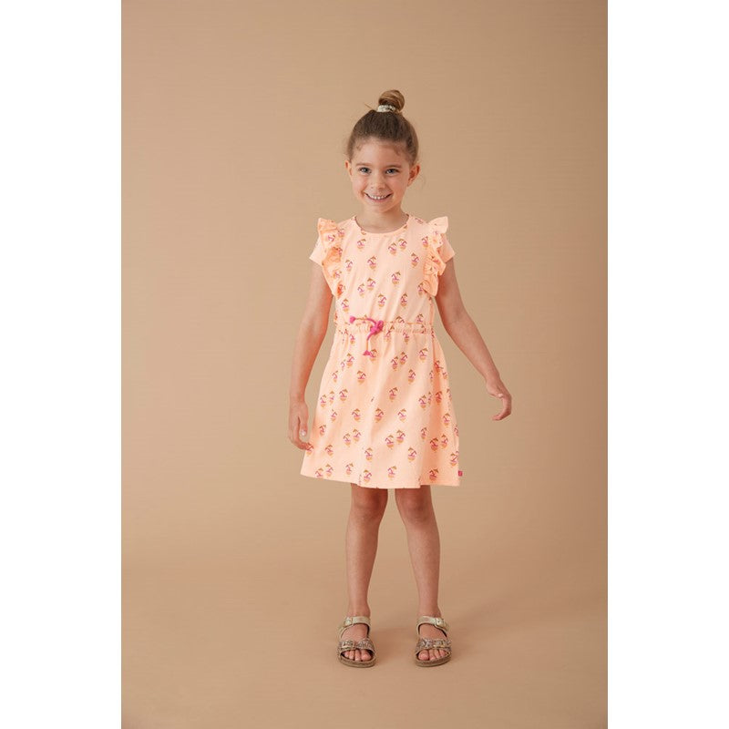 Sommerliches Kleid mit Rüschen und verstellbarem Bund in Neon Orange 