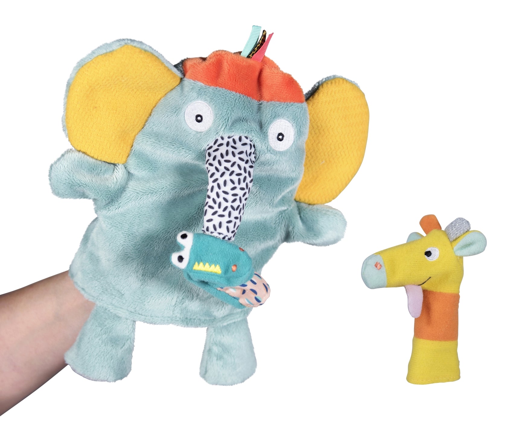 Lustiger, bunter Elefant mit großen Ohren und zwei Fingerpuppen Krokodil und Giraffe - perfekt für phantasievolle Geschichten 