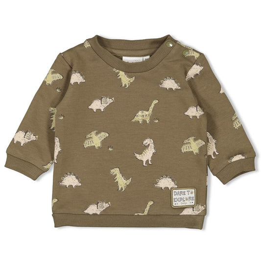 Hochwertiger Sweater in Olivgrün mit Dinosaurier All Over Print aus Bio-Baumwolle 