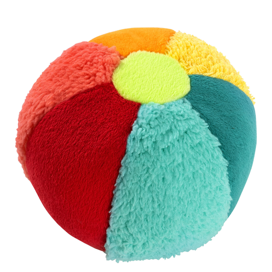 Bunter Stoffball mit Rassel und Materialmix zum Werfen, Greifen und Rollen 